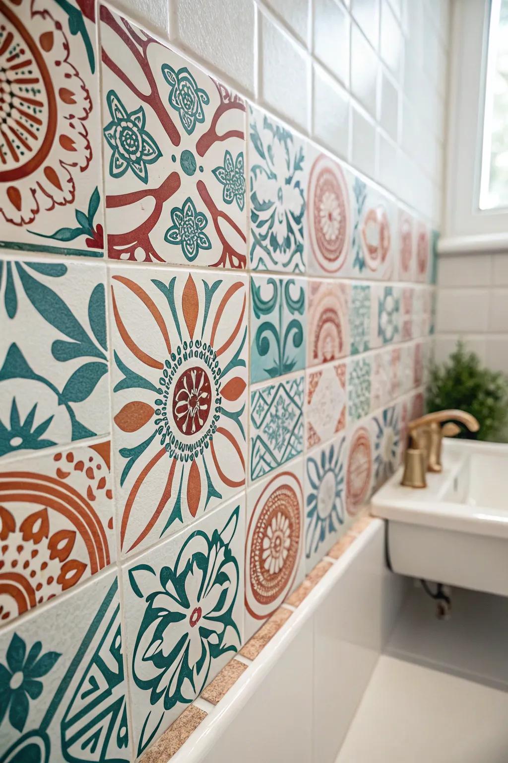 Transform your bathroom with stenciled tile magic—where simplicity meets bold beauty!