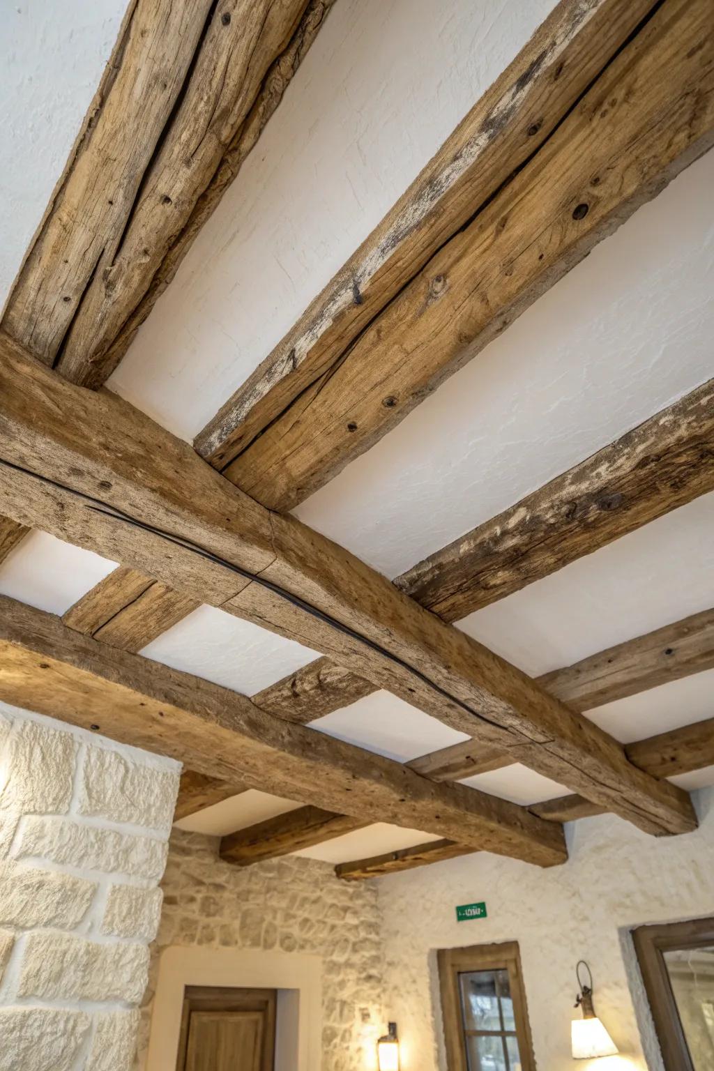 Country Refinement: A Quintessential Fusion of Timber and Plaster for Your Ceiling.