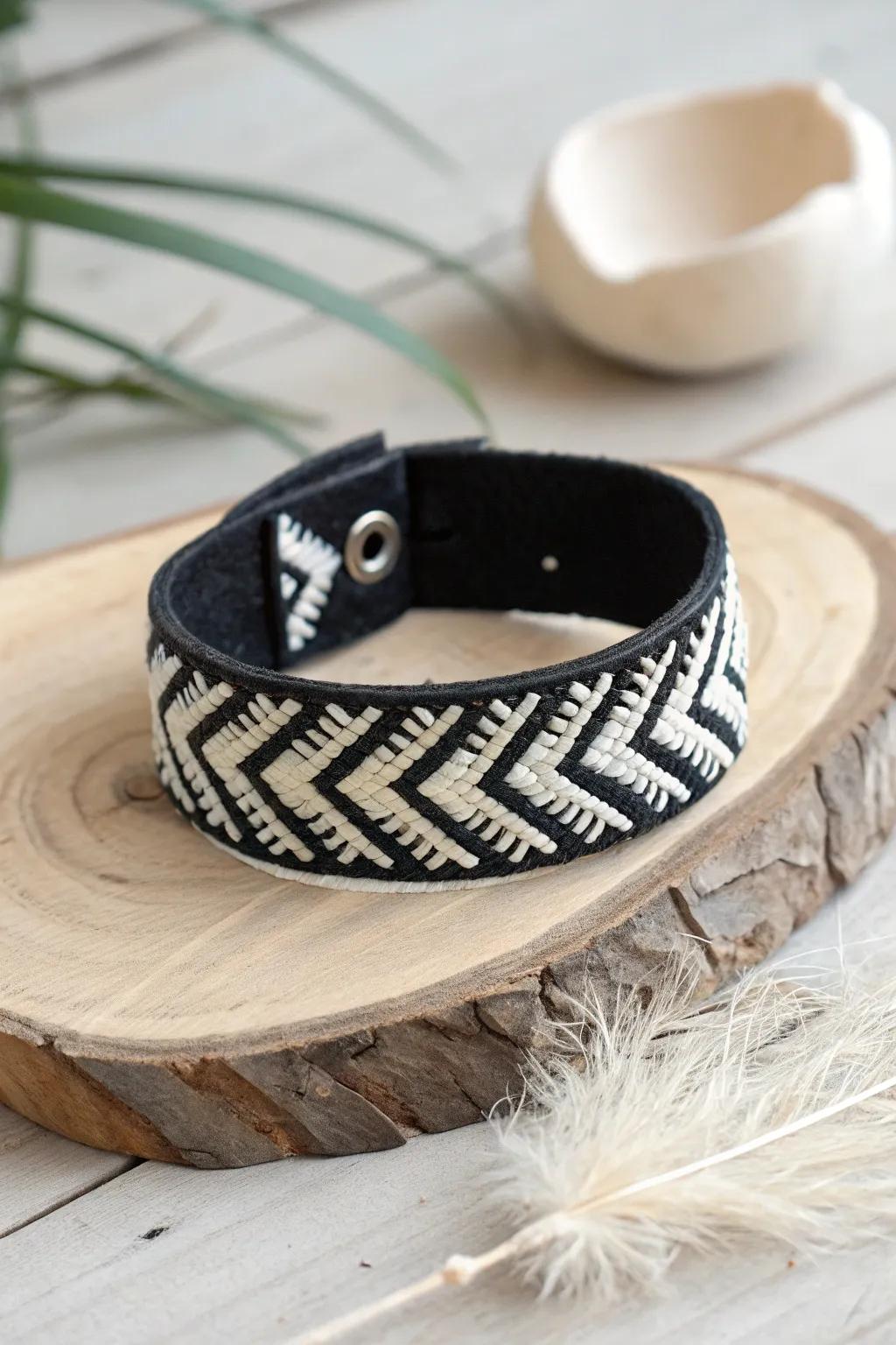 Timeless elegance: black and white chevron wristband for any occasion.