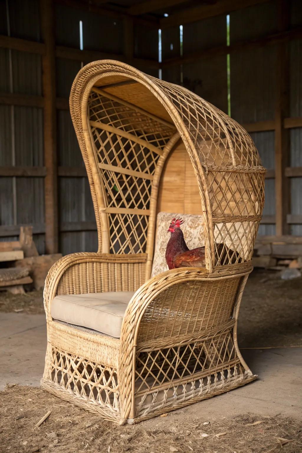 Craftsmanship encounters utility: an osier armchair transformed into a chic chicken perch.