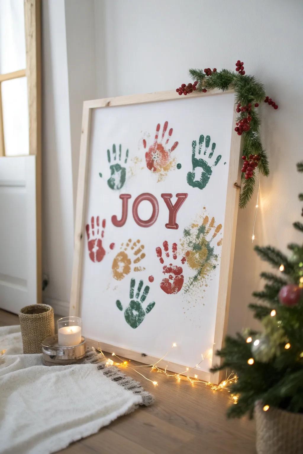 Capture the spirit of the season with handmade holiday art that spells 'JOY' in vibrant handprints. A perfect blend of minimalist style and bold color, this piece brings warmth and cheer to any space.