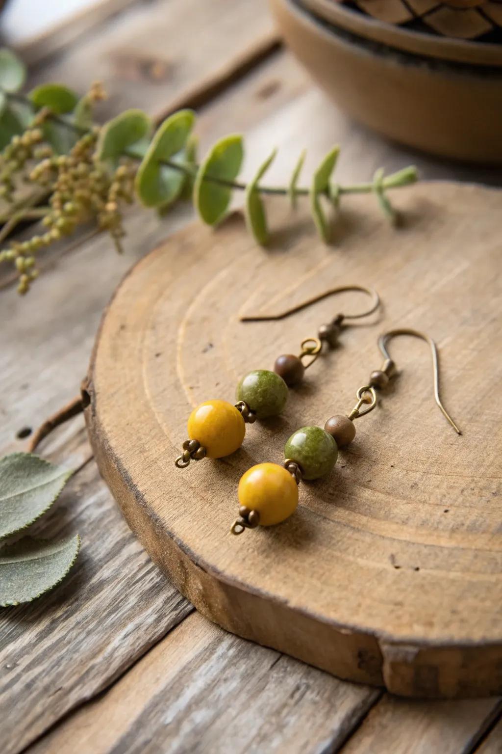 Welcome timeless elegance with these vintage-inspired clay bead earrings in mustard and olive hues.