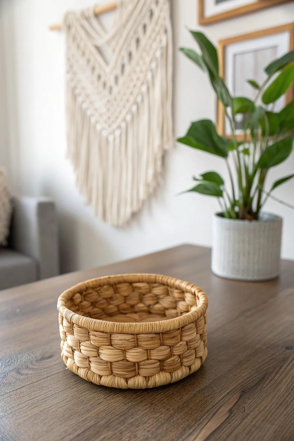 Add a touch of boho chic with this beautiful woven basket coaster holder. Perfect for blending natural beauty with minimalist elegance.