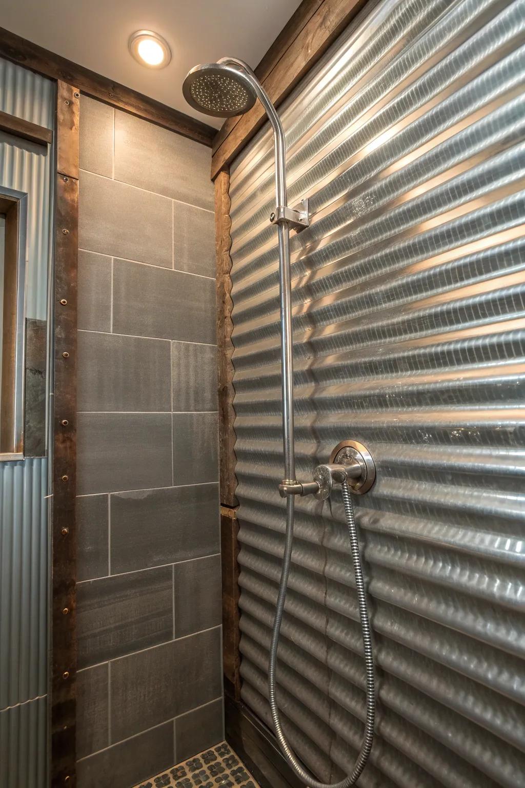 Elevate your bathroom with a stylish corrugated metal feature wall.