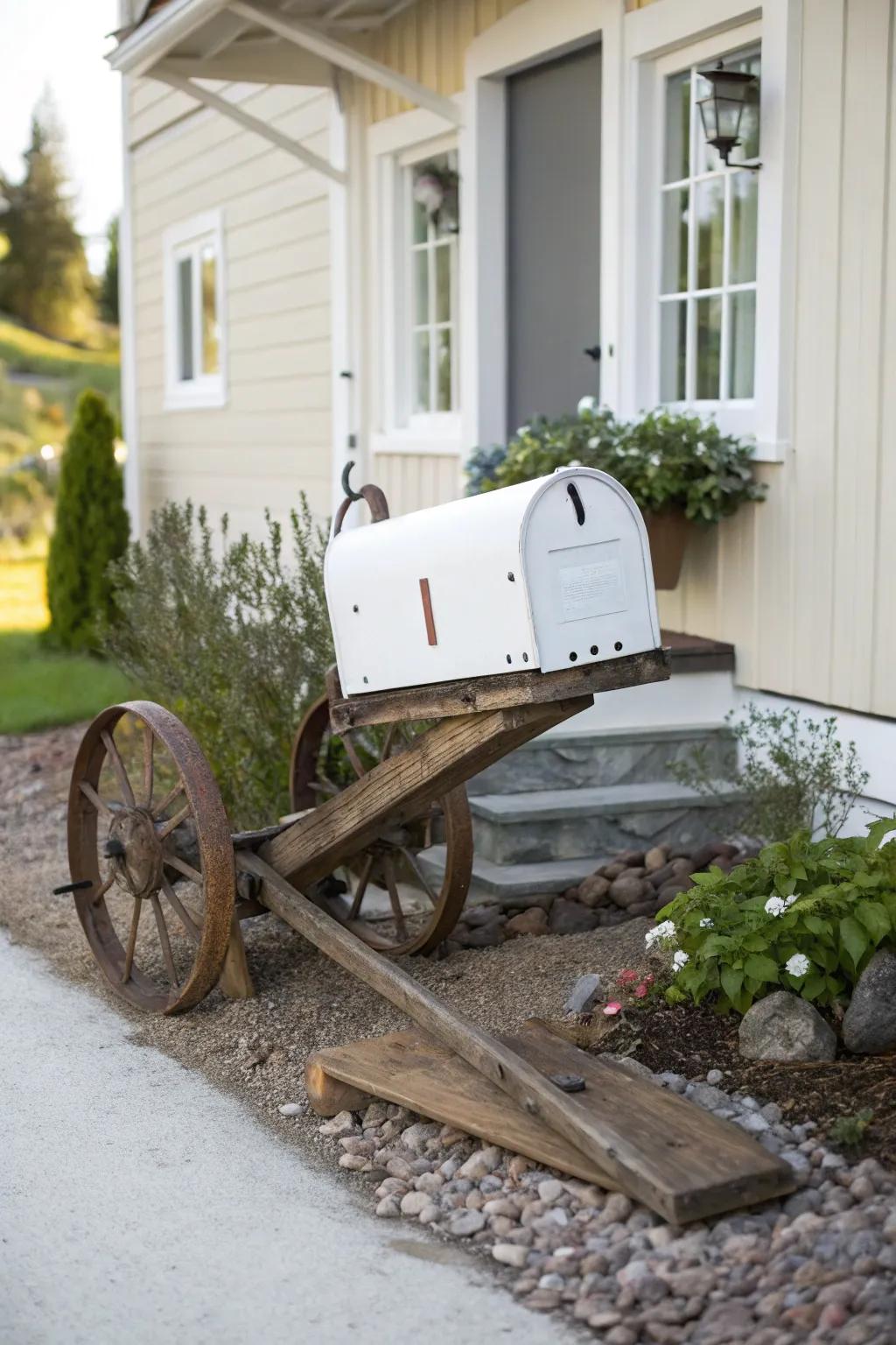 Redesign your entryway with this unique mailbox idea: a vintage harvester meets minimalist design for an enchanting rural twist.