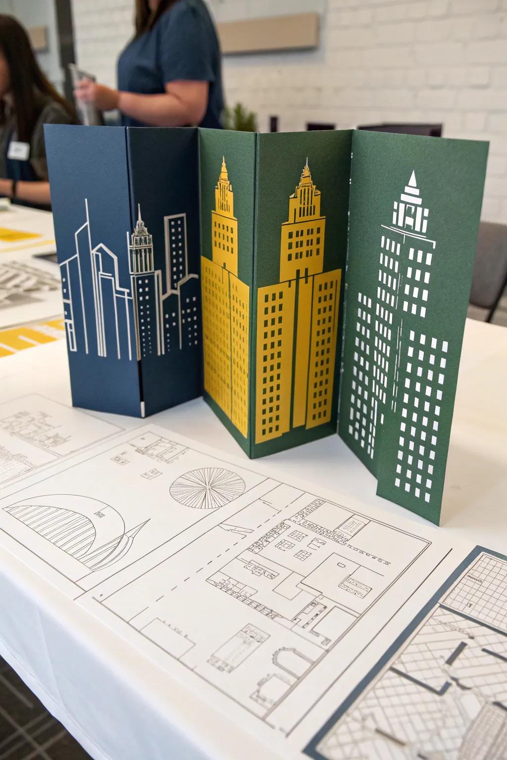 Unearth the artistic expression of urban choreography through this stunning architectural tri-fold board, where straightforwardness converges with audacious ingenuity.