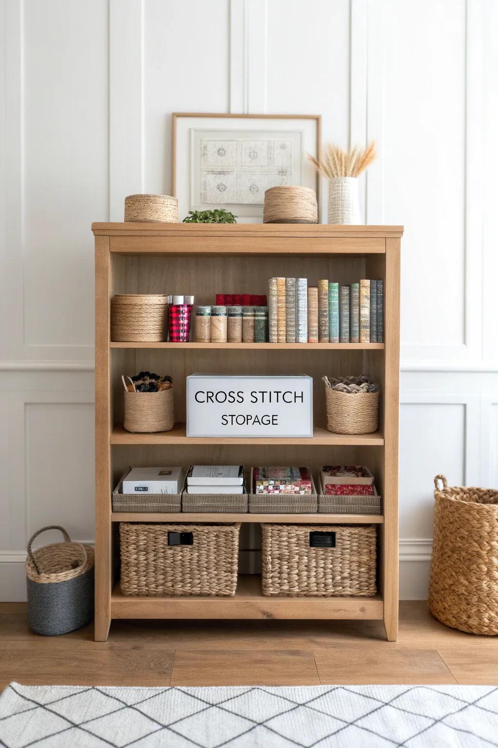 Change your bookshelf into a cross stitch place with style and charm!