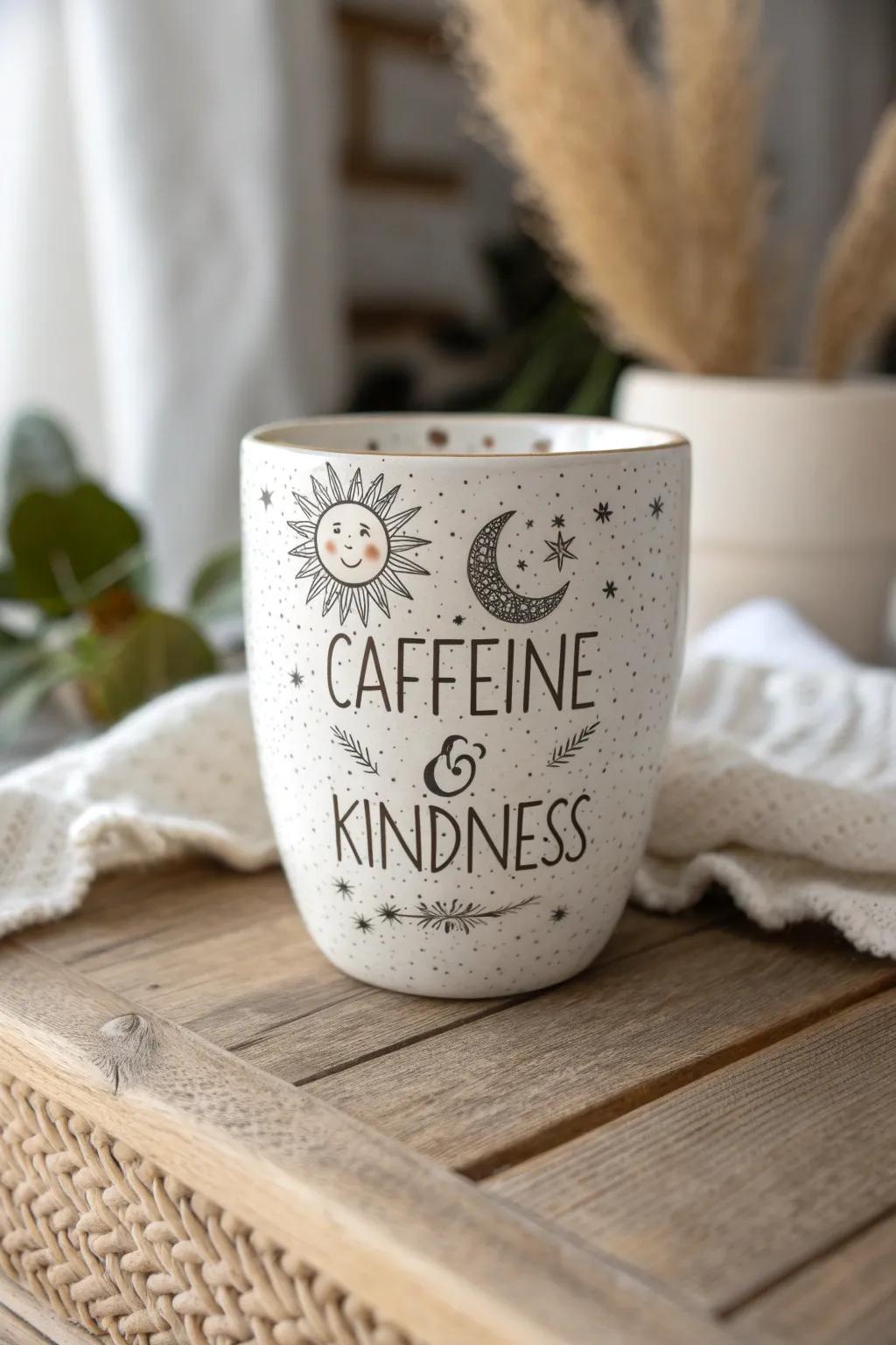 Sip stylishly with 'Caffeine & Kindness'—embrace simplicity and joy each morning.