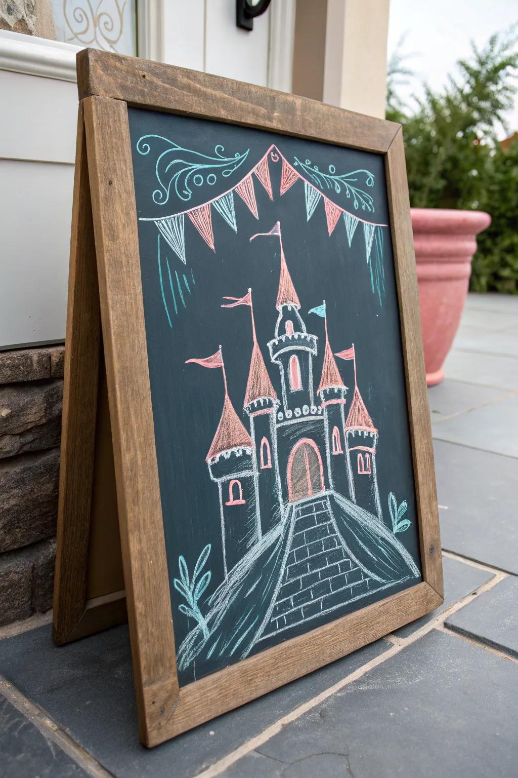 Venture into a world of imagination with this enchanting fable stronghold chalk drawing, where simplicity meets the enchantment of childhood dreams.