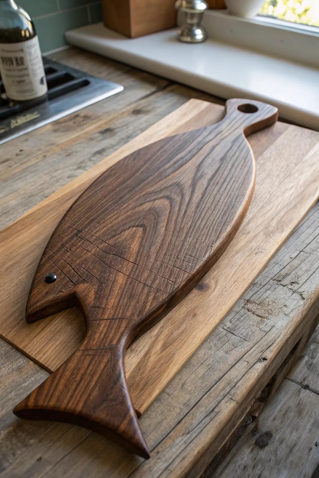 Amplify the flair of your cooking space through this remarkable fish-shaped cutting board, delivering an ideal synthesis of entertainment and craftsmanship.