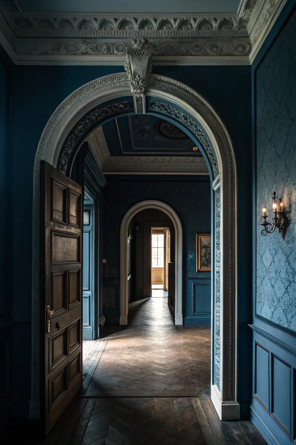 Structural nuances append sophistication to a deep azure corridor.