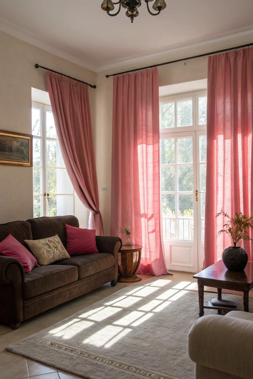 Rose drapes conveying grace and equilibrium.