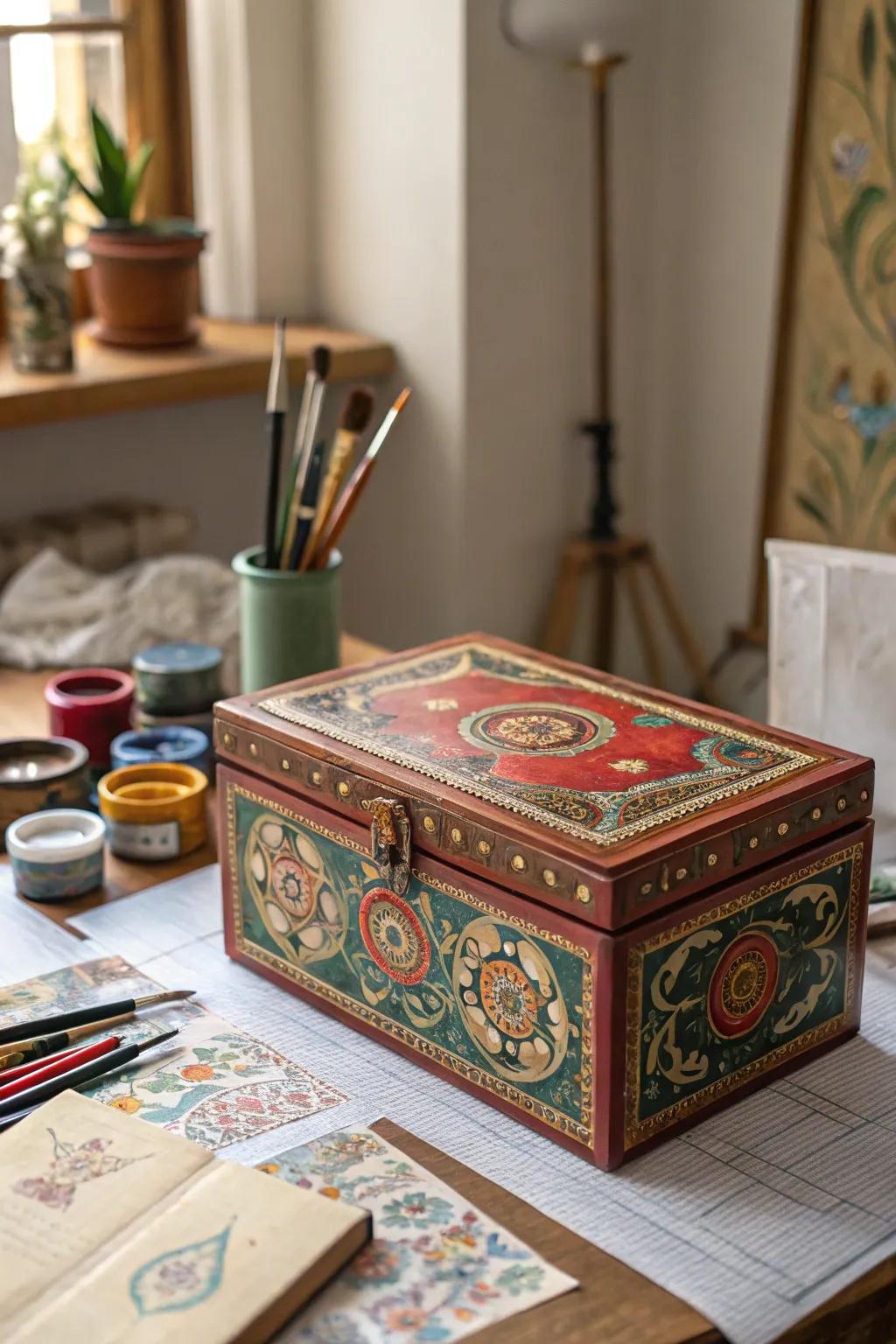 An artisanal hand-painted box, spotlighting a unique design.