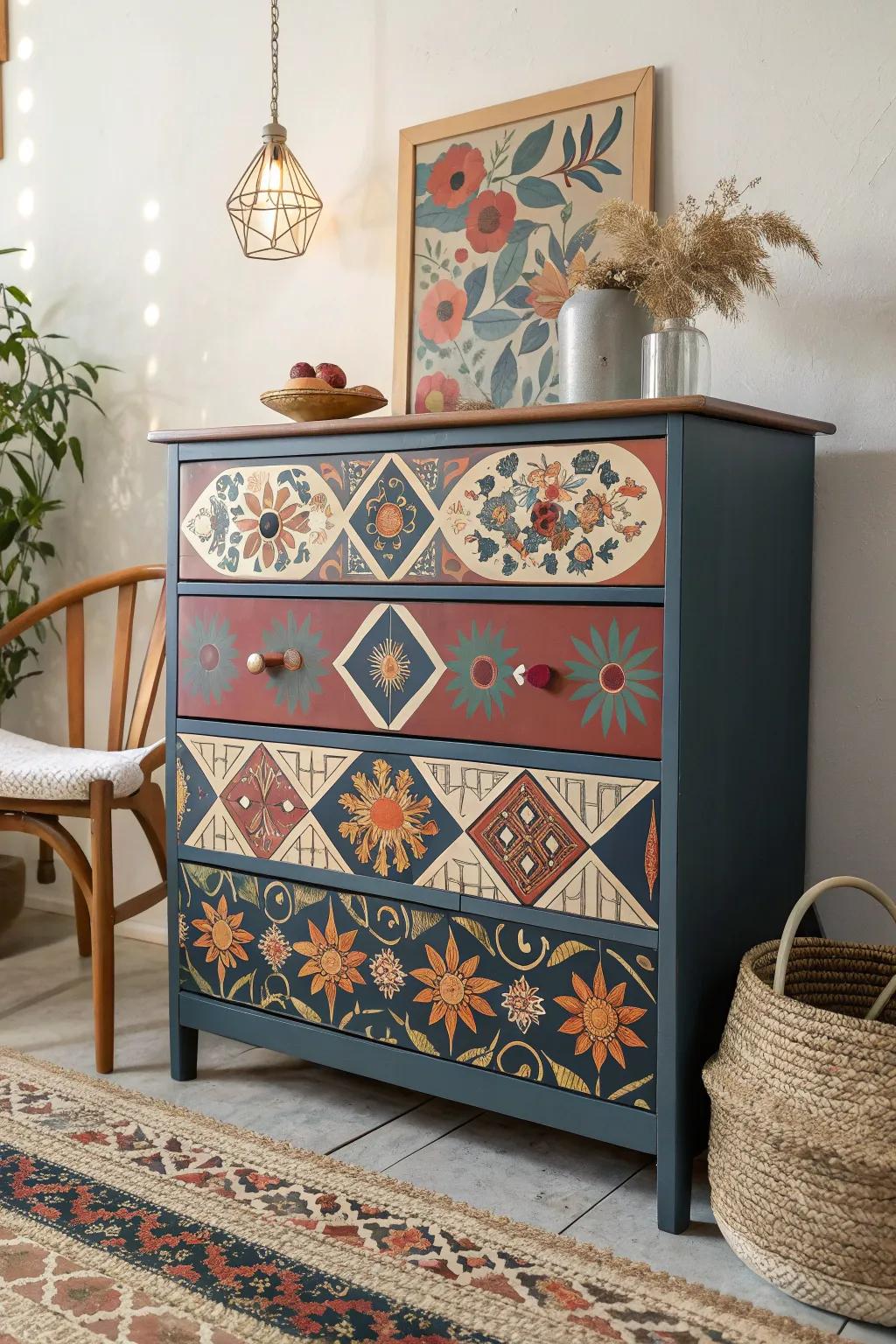 Transform your space with an eclectic decoupage dresser that beautifully marries modern elegance with vintage charm!