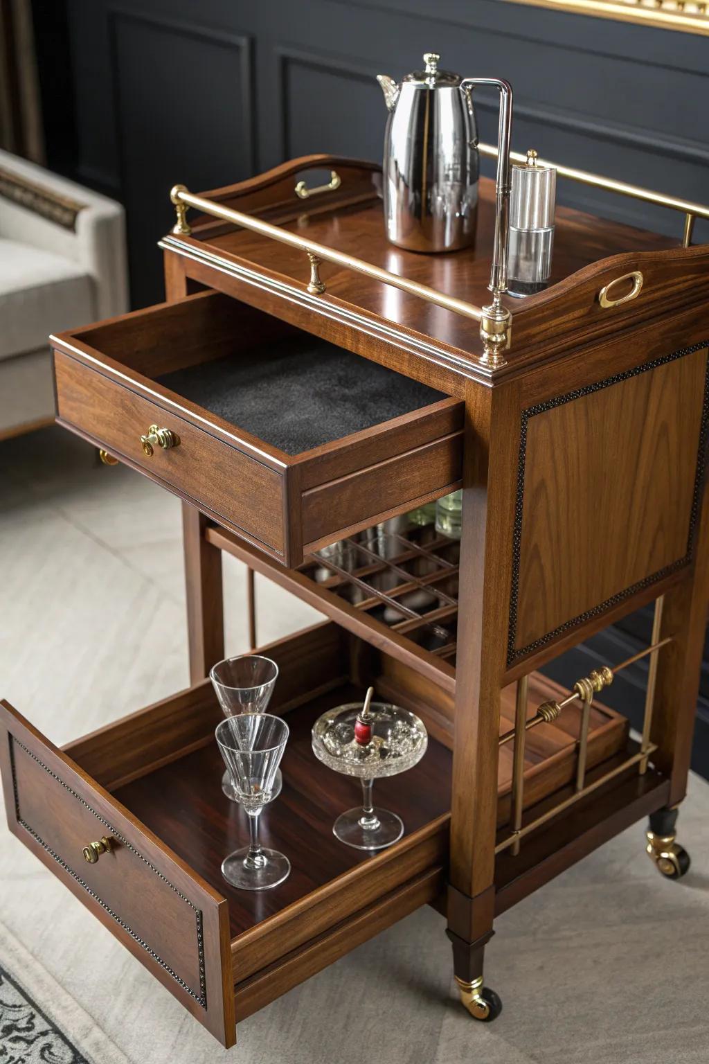 Discover the elegance of concealed storage within your drinks trolley, where craftsmanship converges with functionality.
