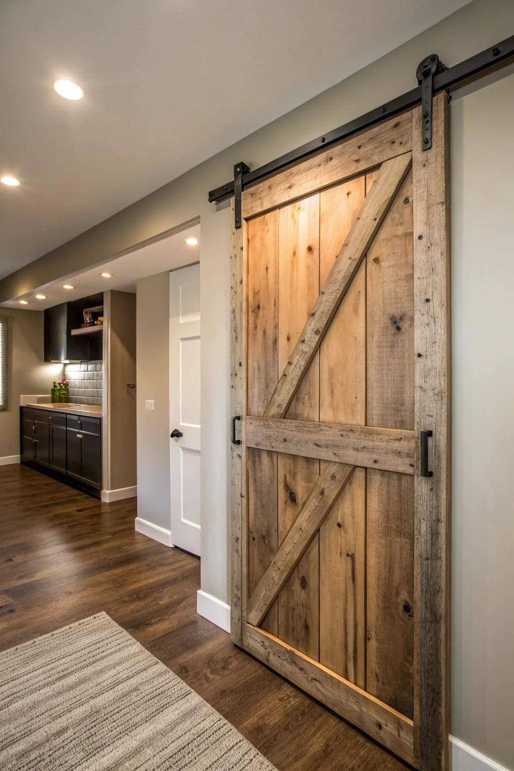 Uncover concealed elegance: a countryside gliding barn door featuring a secret storage variation.
