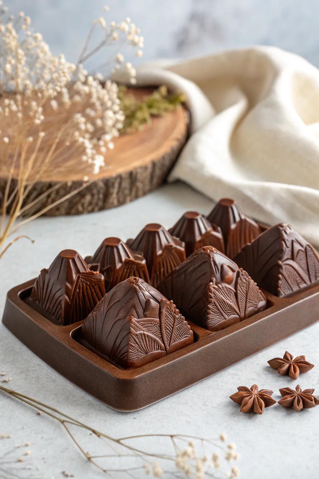 Dive into a deliciously crafted miniature chocolate scene, where artistry meets nature.