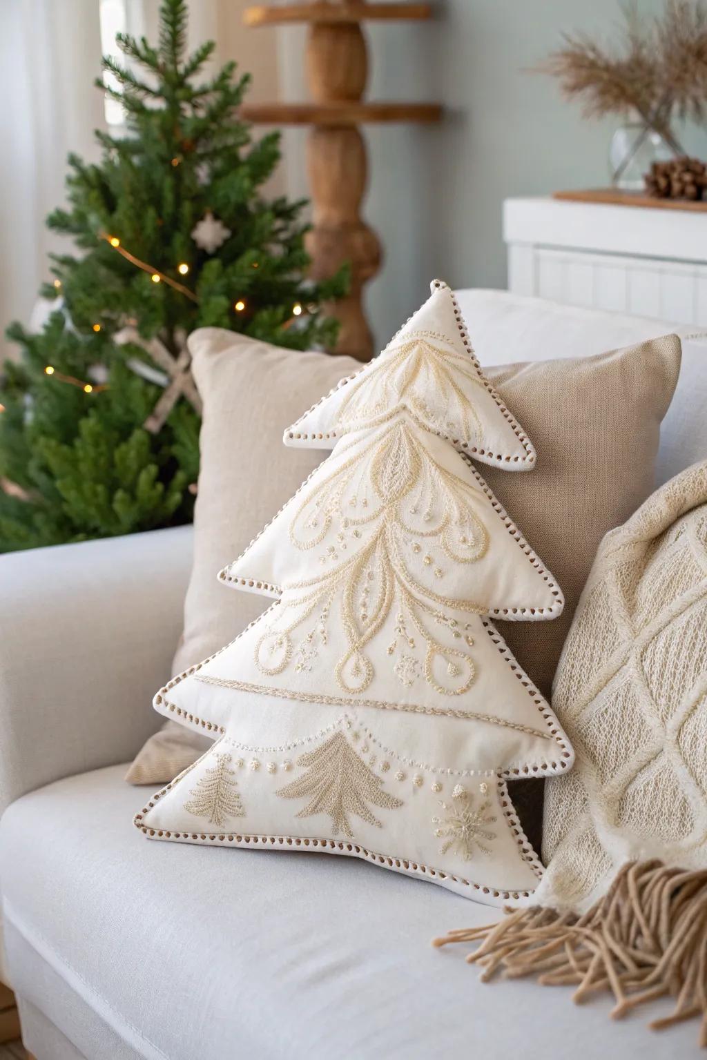 Cozy up your space with a vintage-inspired holiday tree pillow, a perfect blend of Scandinavian simplicity and Boho charm.