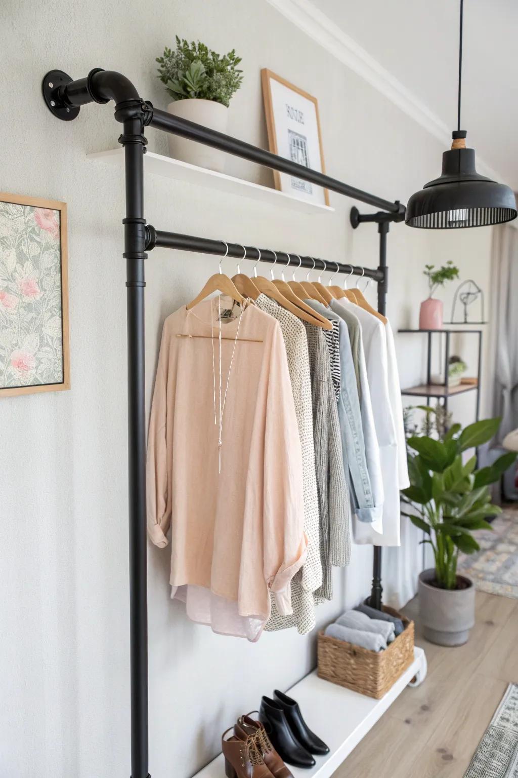 Enhance your closet dimension with a chic levitating tube stand that conjoins uncluttered design with boho flair.