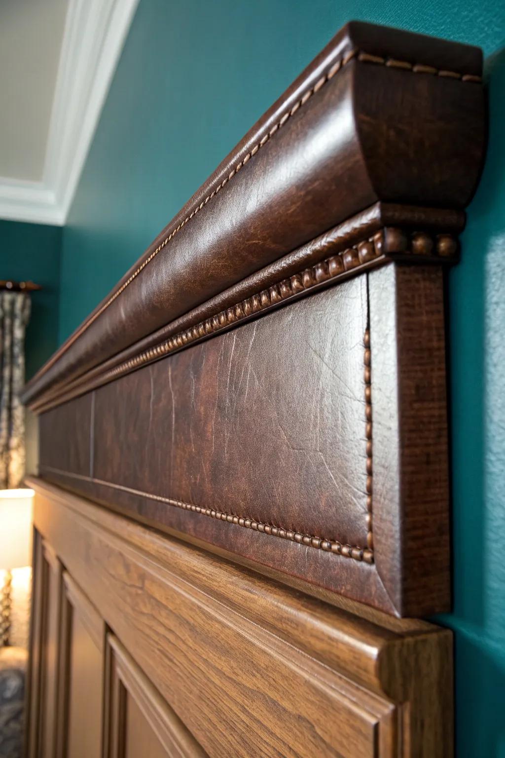 Elevate your environment via the opulence of a hide-enveloped cornice board, epitomizing the confluence of craftsmanship and sophistication.