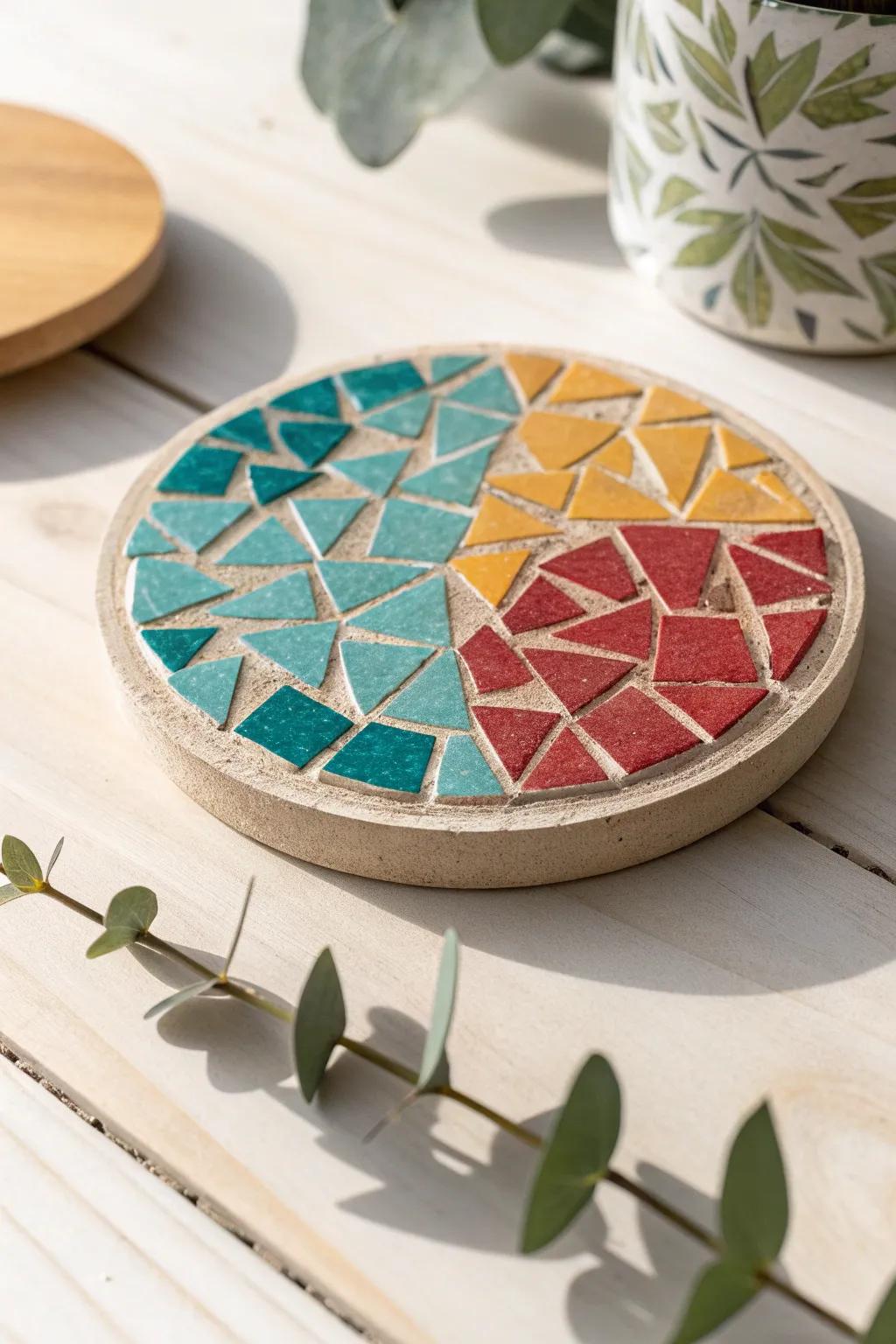 Enhance your table arrangement with handmade inlay coasters that add a splash of artistry and color.