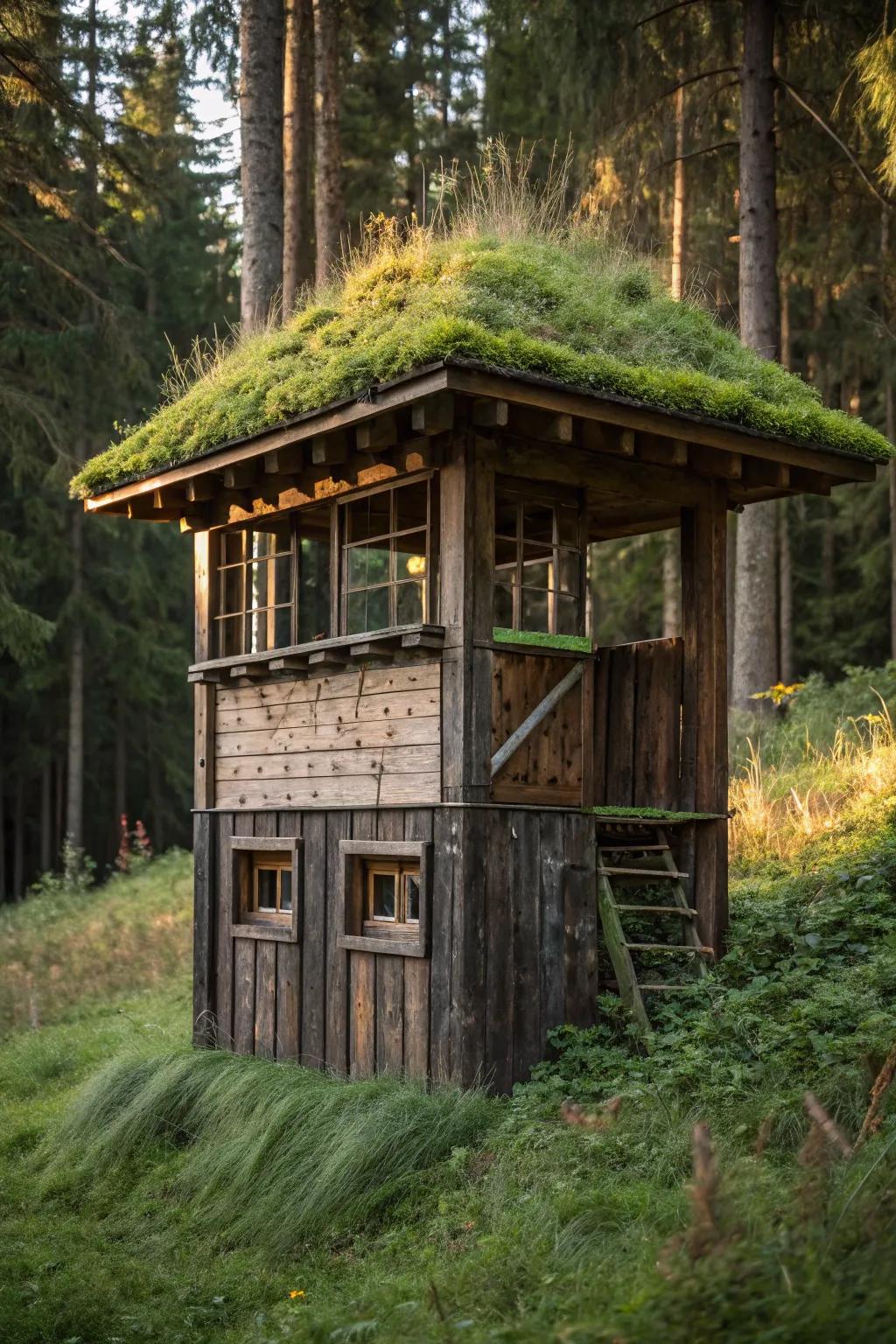 Merge in with nature: A DIY deer shelter with a moss-covered green roof for the ultimate natural camouflage.