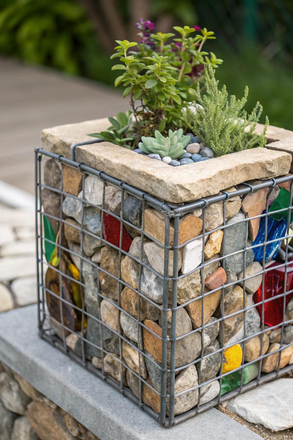 Handiwork Harmonizes with Sustainability: Transform repurposed glass and pottery into a stunning gabion planter centerpiece.