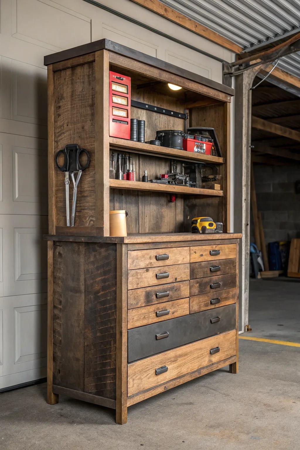 Transform vintage appeal into practical charm with reconditioned garage storage.