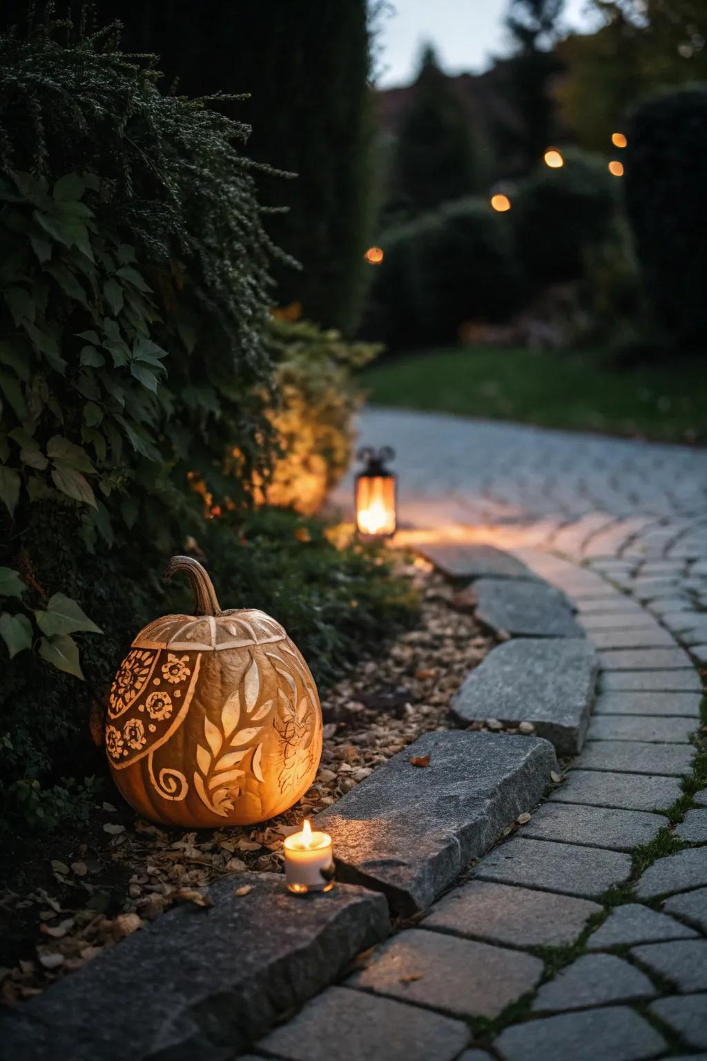 Illuminate your path with the enchanting glow of beautifully sculpted gourds.