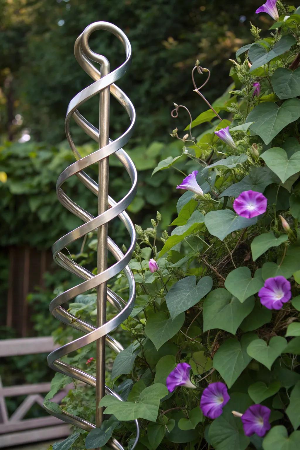 Elevate your garden with a stunning spiral trellis, where craftsmanship meets nature's beauty.