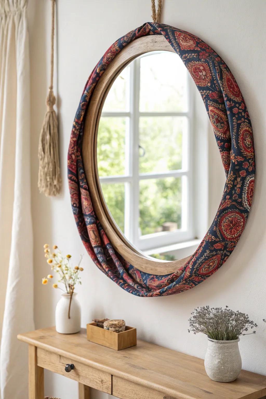 Revitalize your dwelling with a textile-enwrapped mirror surround that beautifully ties the chamber together with a boho-chic touch.