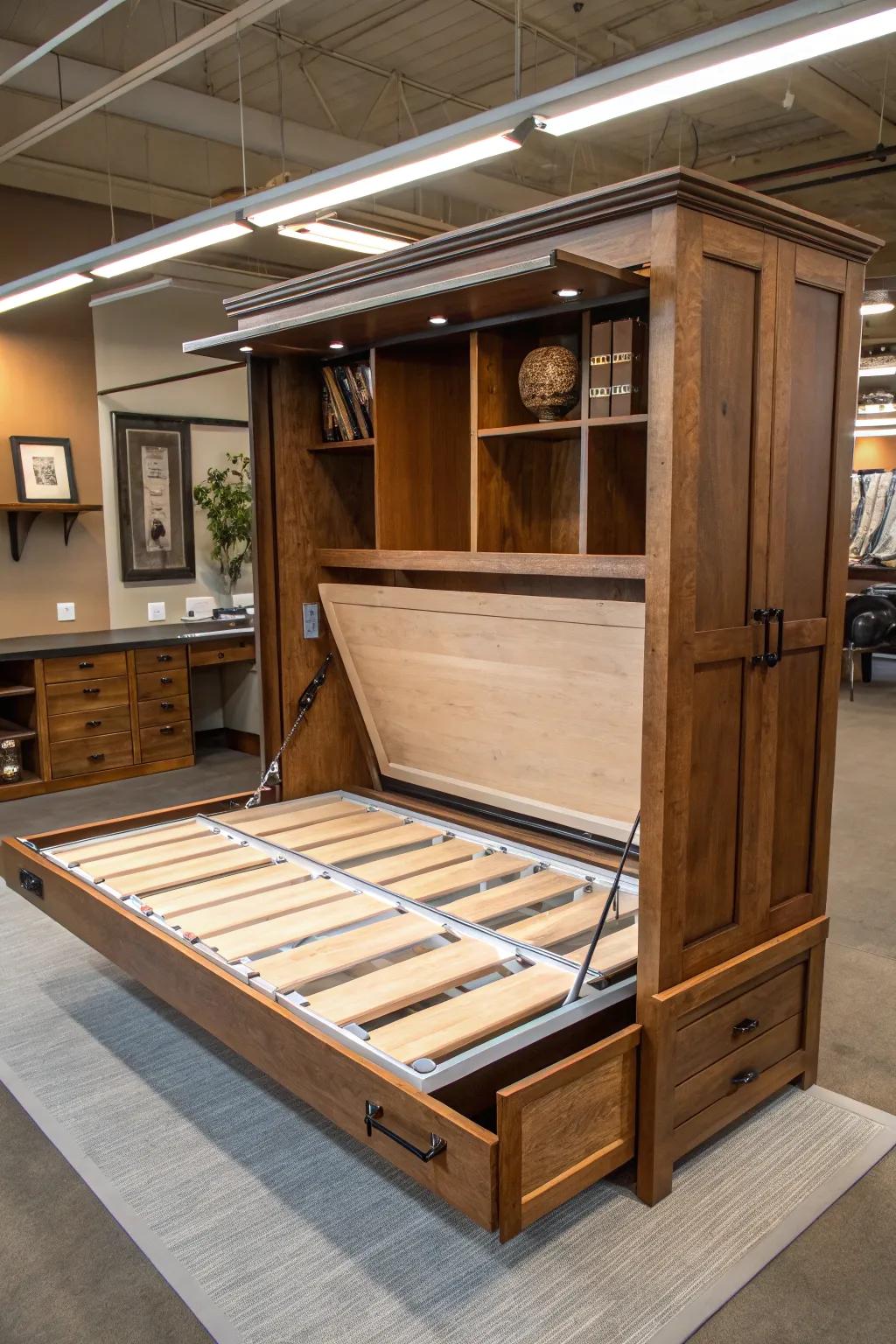 Revamp your area with this eye-catching Murphy bed featuring a concealed folding workbench—where artistry converges with innovation.