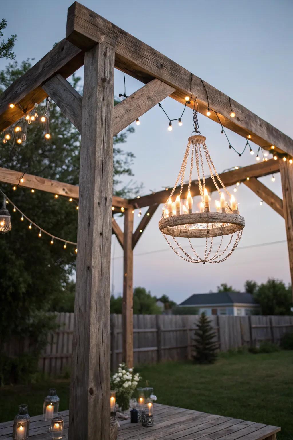 Light up your outdoor space with rustic elegance using a reclaimed wood chandelier. ✨🌿 #DIYChandelier #ScandiBoho #OutdoorLiving
