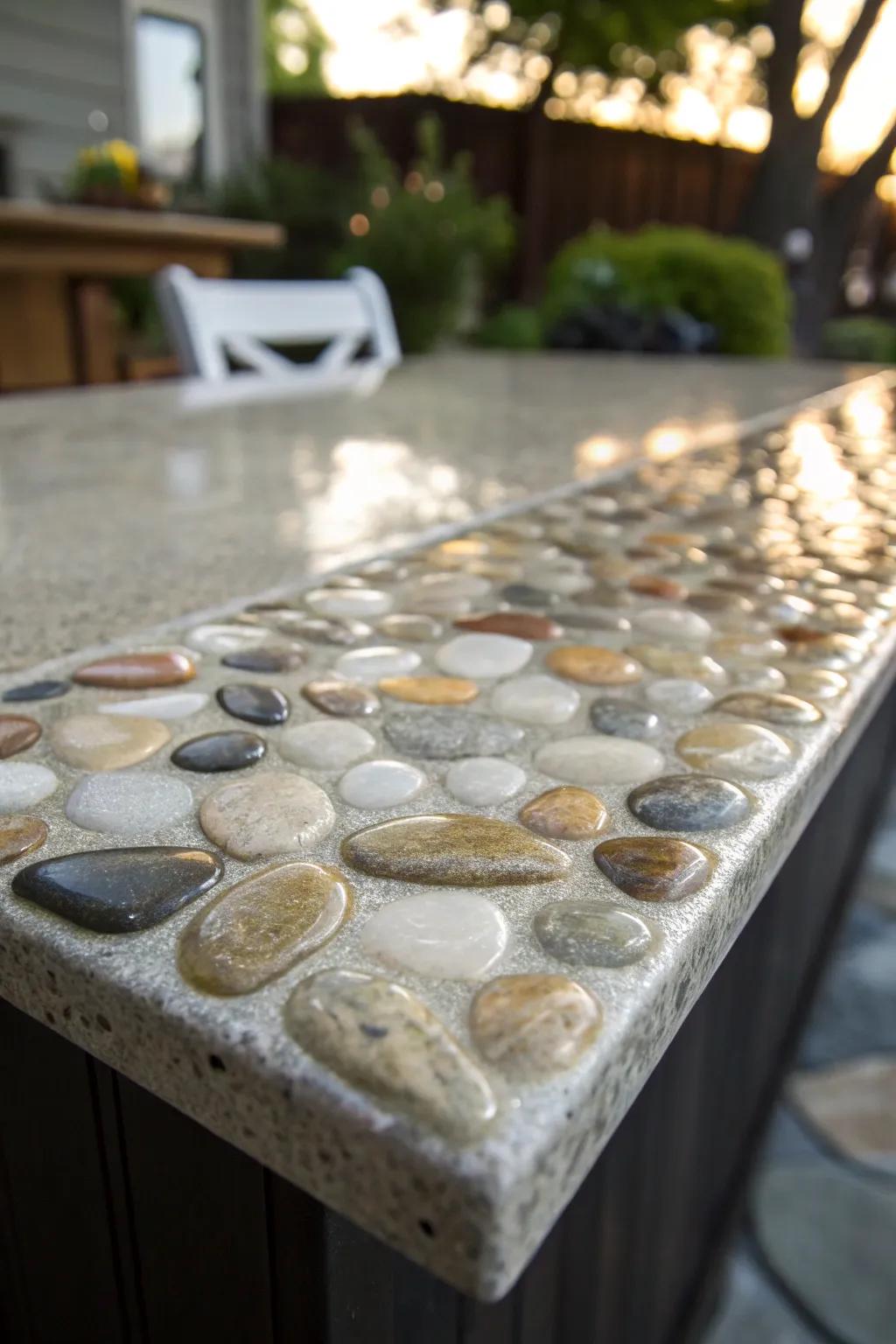 Enhance your outdoor space with the enduring beauty of a pebble and gum countertop. An artwork of nature and skill.