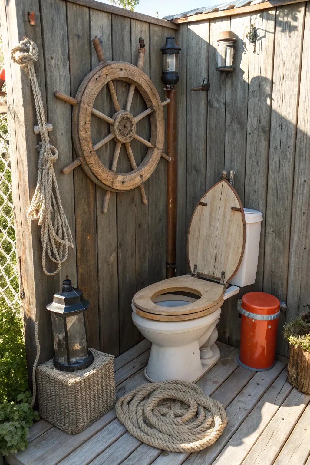 Set sail on a distinctive journey with this nautically-themed DIY outdoor lavatory, where every visit feels like an adventure on the high seas.