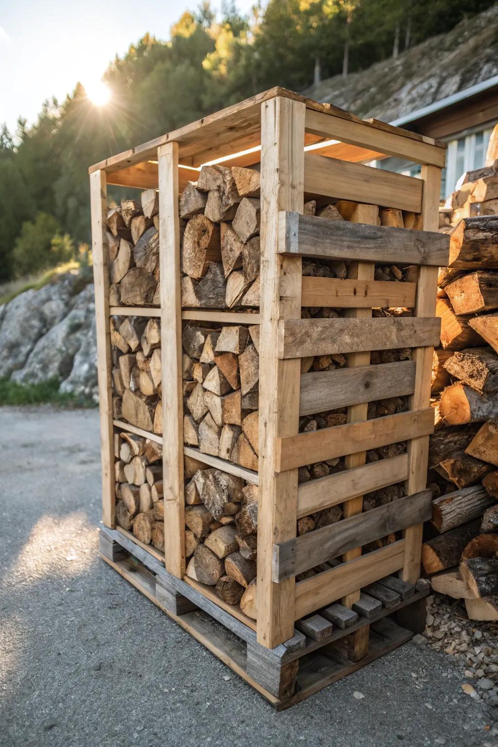 Master the art of weatherproofing: Enhance your DIY pallet firewood rack with a touch of durable elegance.