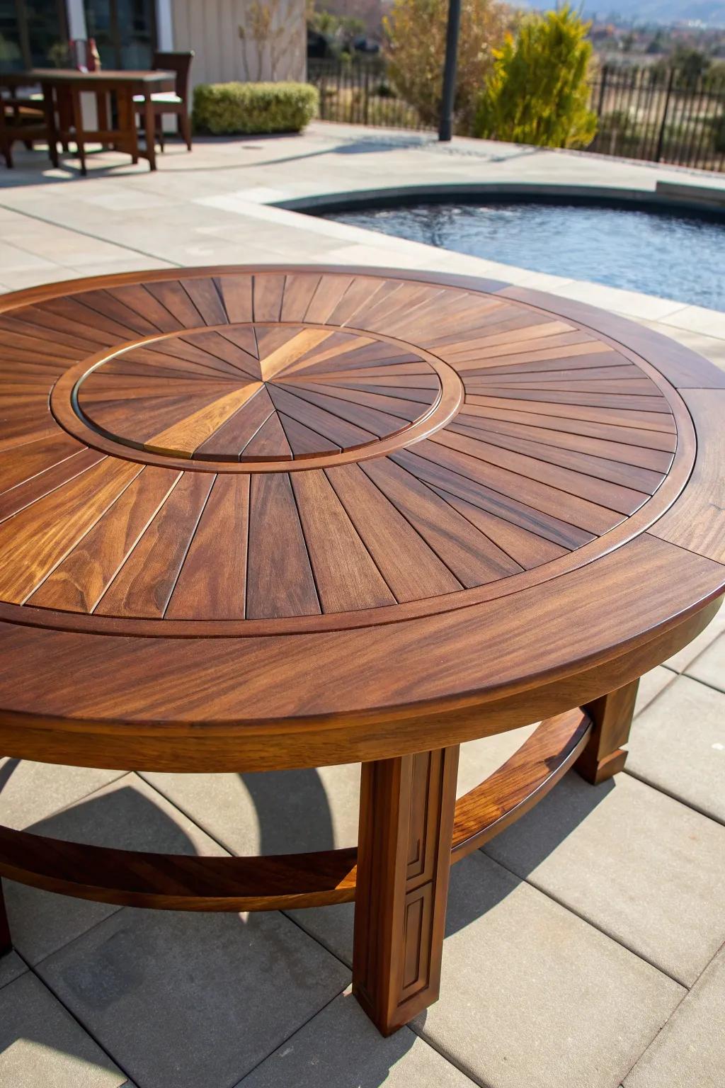 Elevate your alfresco feasting adventure with a handcrafted patio table showcasing a sleek revolving tray centerpiece.