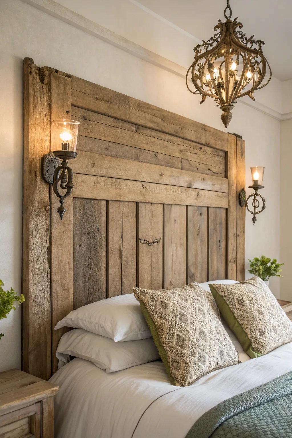 Transform your bedroom with a rustic headboard featuring charming light fixtures for a touch of warmth and elegance.