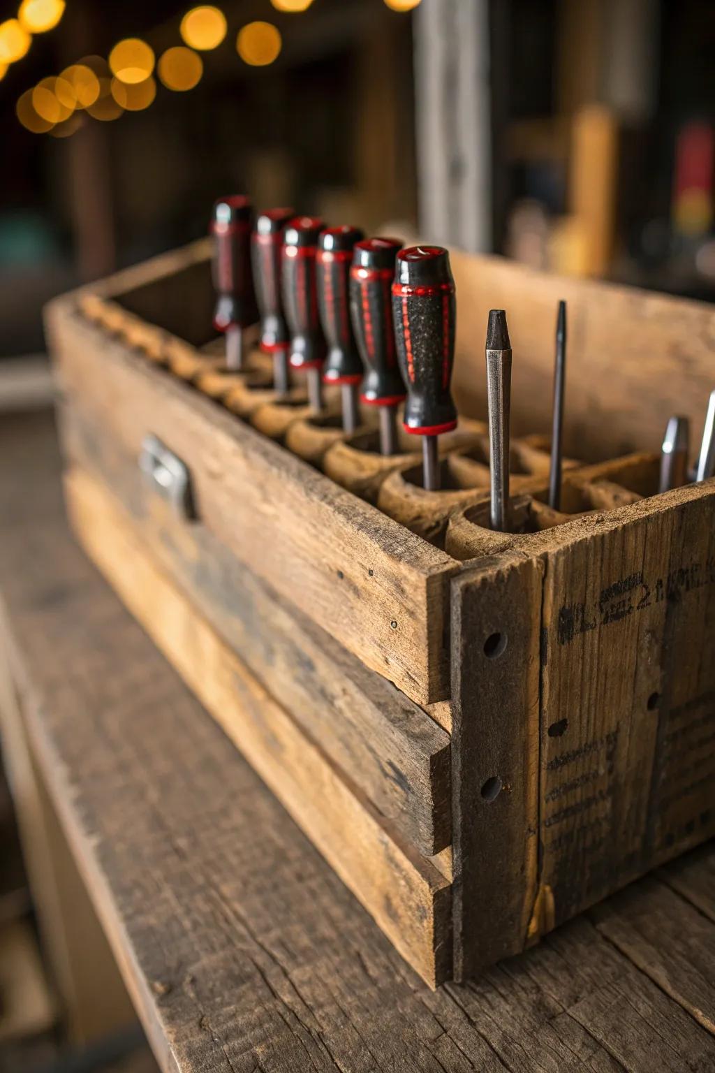 Artistry meets function: A rustic screwdriver holster crafted from reclaimed pallet wood.