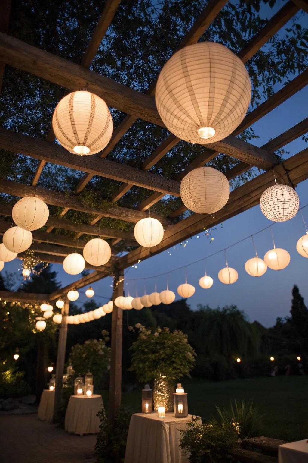 Illuminate your evenings with a canopy of glowing lanterns, turning any garden into a magical retreat.
