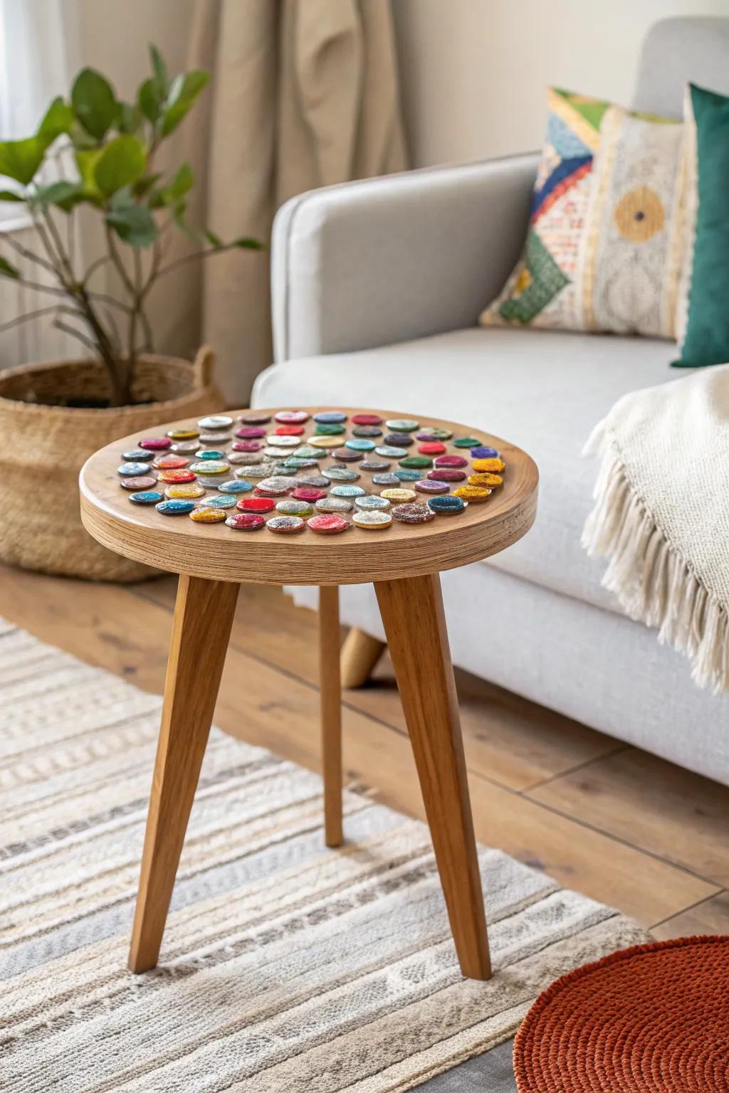 Transfigure your dwelling through a chic bottle cap tabletop—where creativity converges with Scandinavian unpretentiousness!