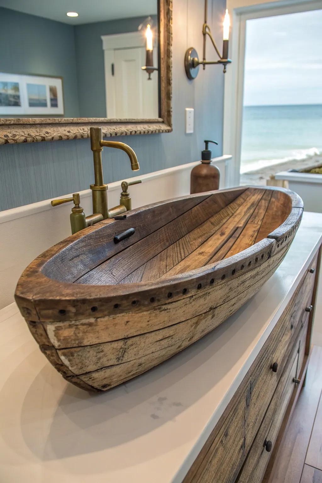 Transform your area with a hint of nautical charm: Repurposed watercraft sink for the ultimate DIY statement.