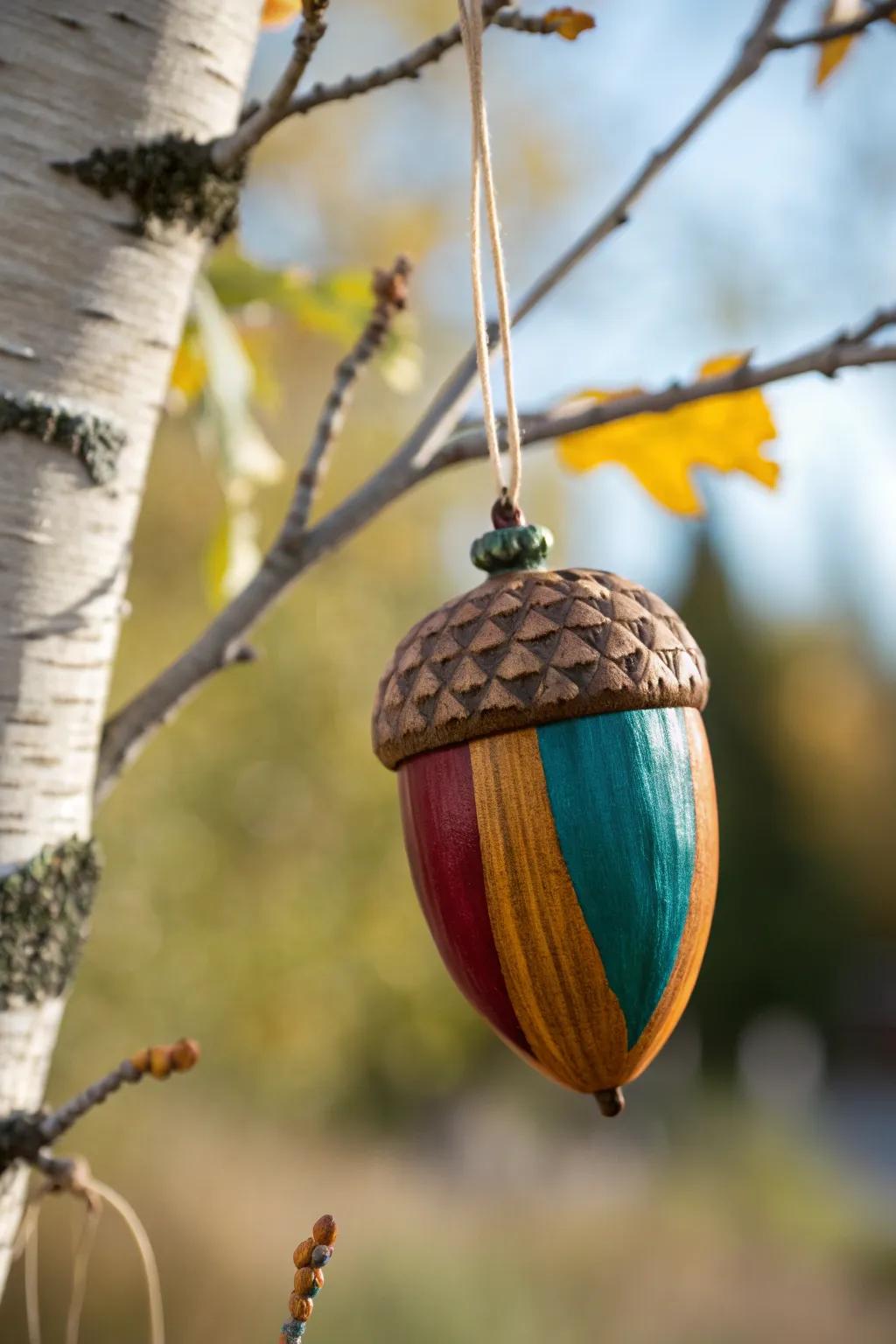 Transform nature's valuables into vibrant autumn artistry through these tinted acorn baubles.