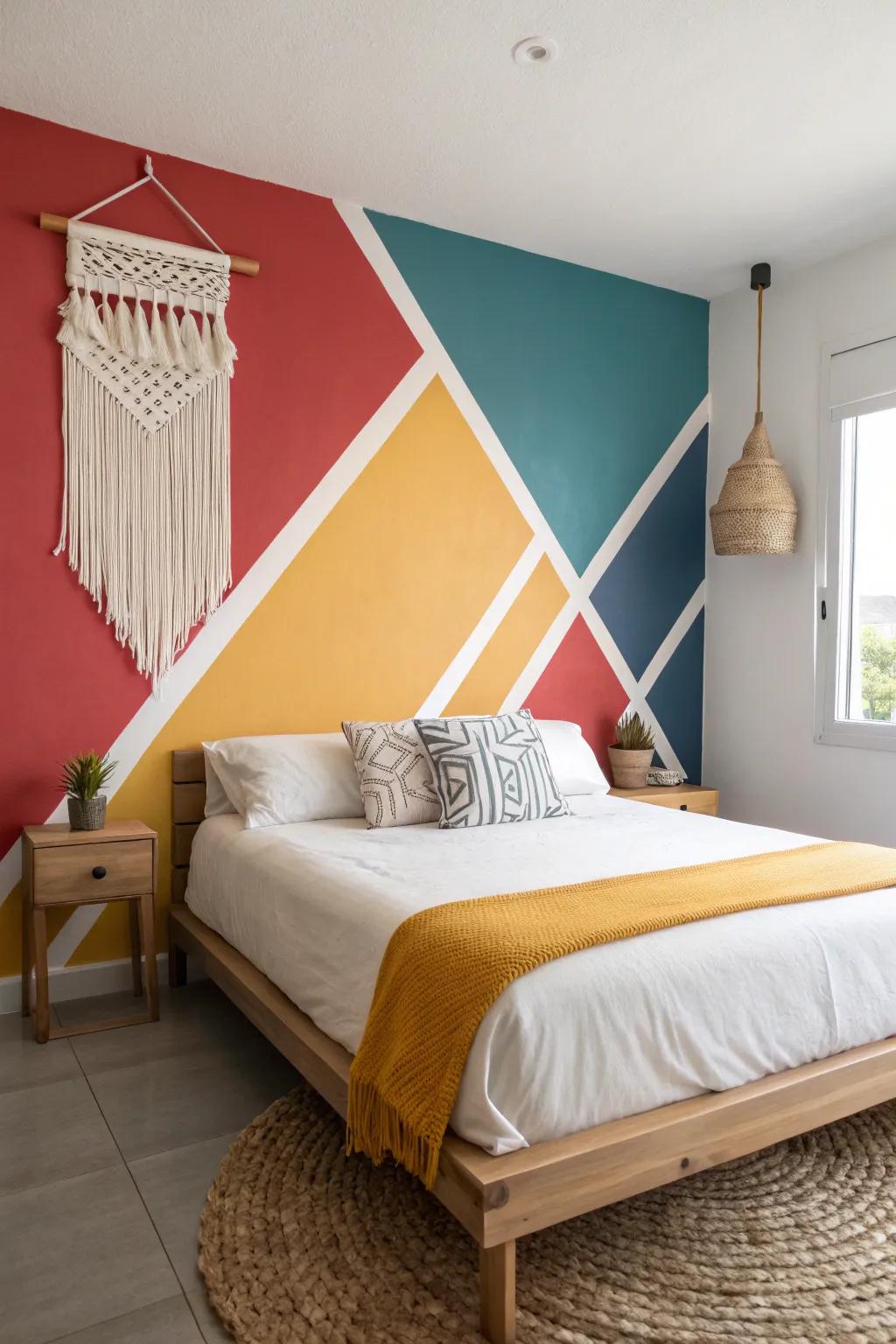 Elevate your sleeping quarters through a striking hued area mural that stuns and delights, intermixing minimalist elegance with a dash of Boho flair.