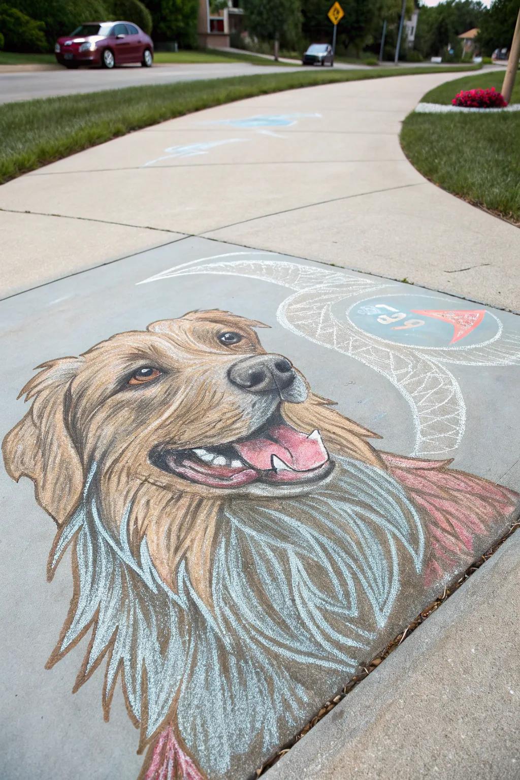 Celebrate your furry friend's spirit with vibrant chalk images that capture joy and creative expression.