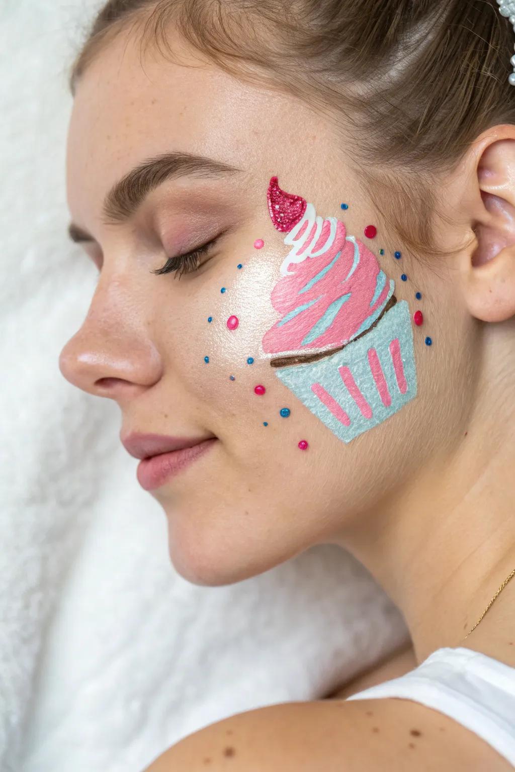 Indulge in a saccharine splash of color alongside this charming cupcake visage color creation!