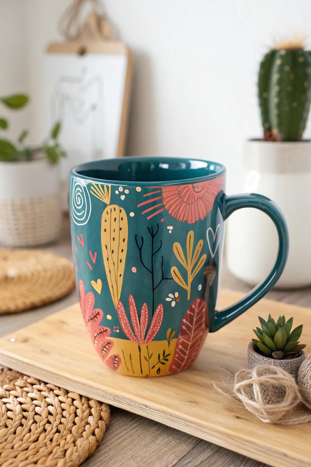 With quirky doodles on a handcrafted mug, express your fun side. ideal for adding a splash of color to your minimalist decor!