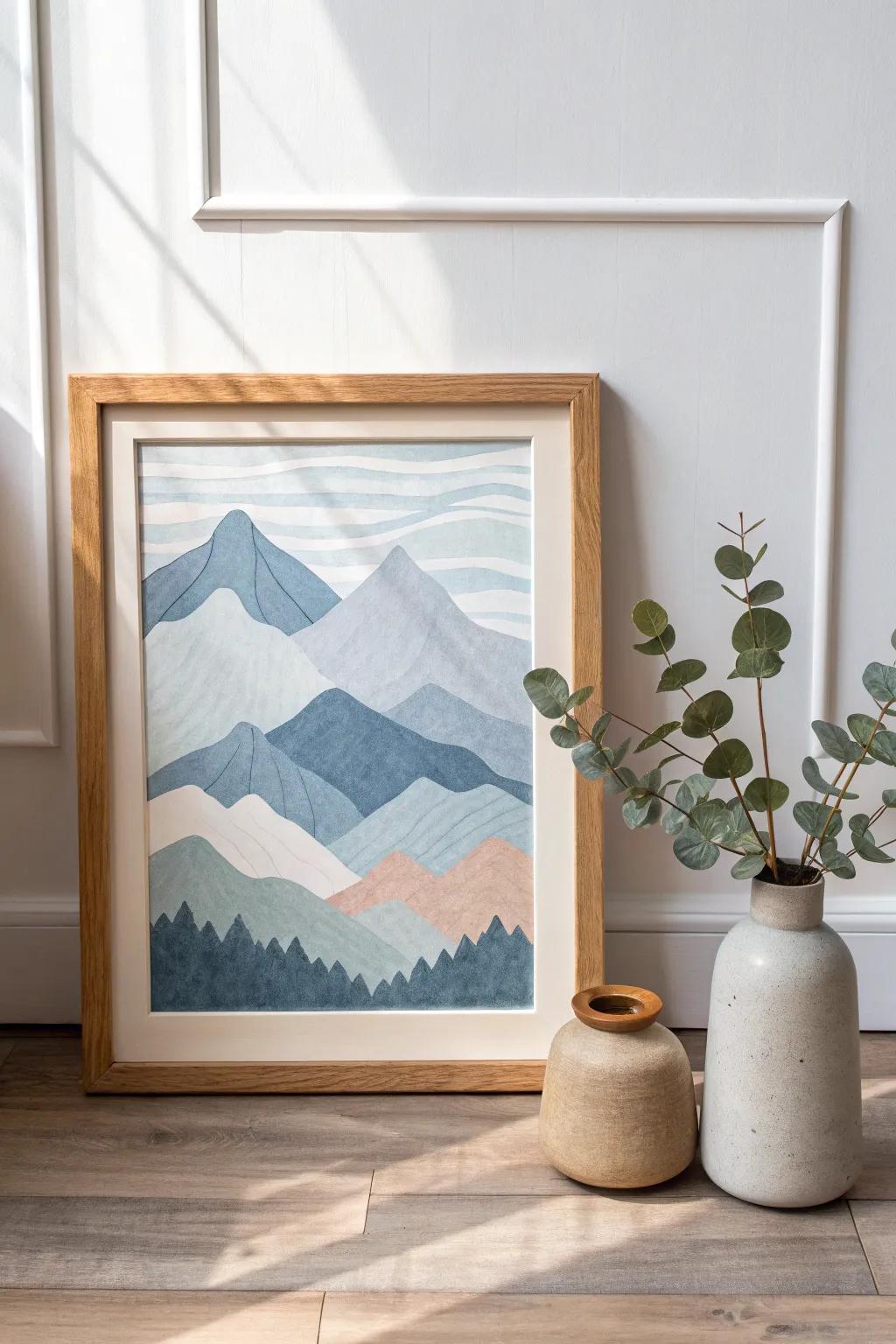 Embrace the serene splendor of pastel mountain chains in minimalist fashion. #ArtisticSimplicity #ScandinavianBoho