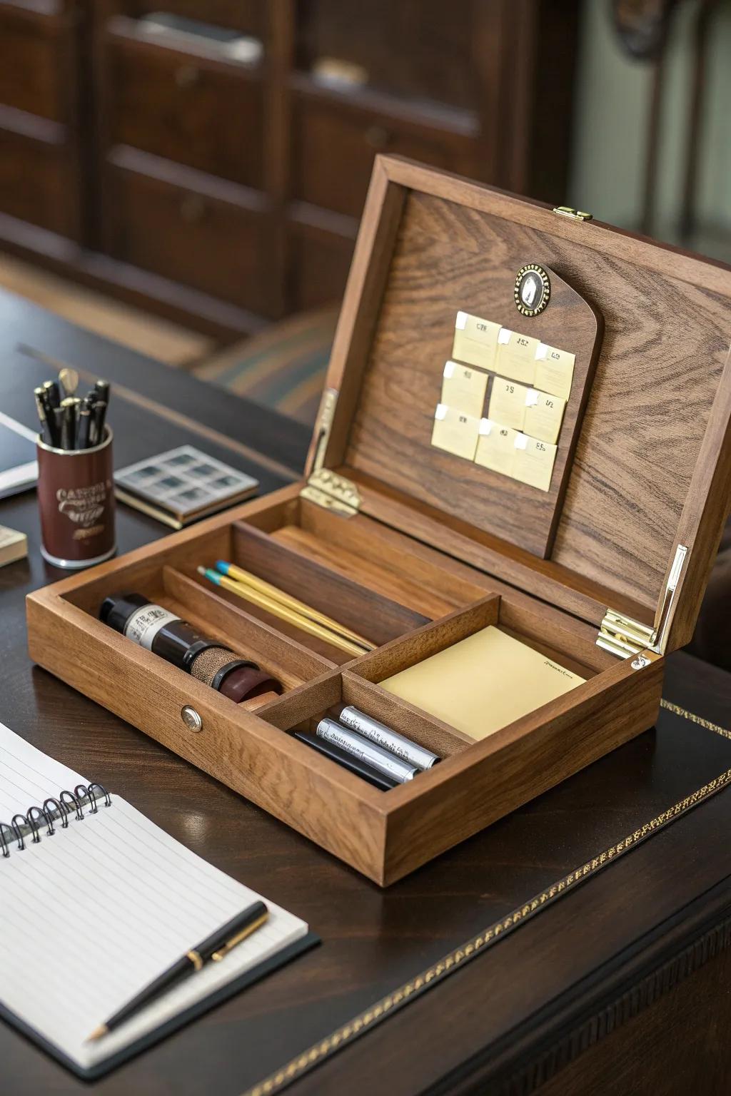 Transform a classic wooden container into a fashionable workspace arrangement, promoting a tidy environment.