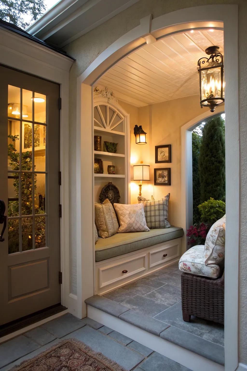 A sitting alcove introduces comfort and charm to your entry.